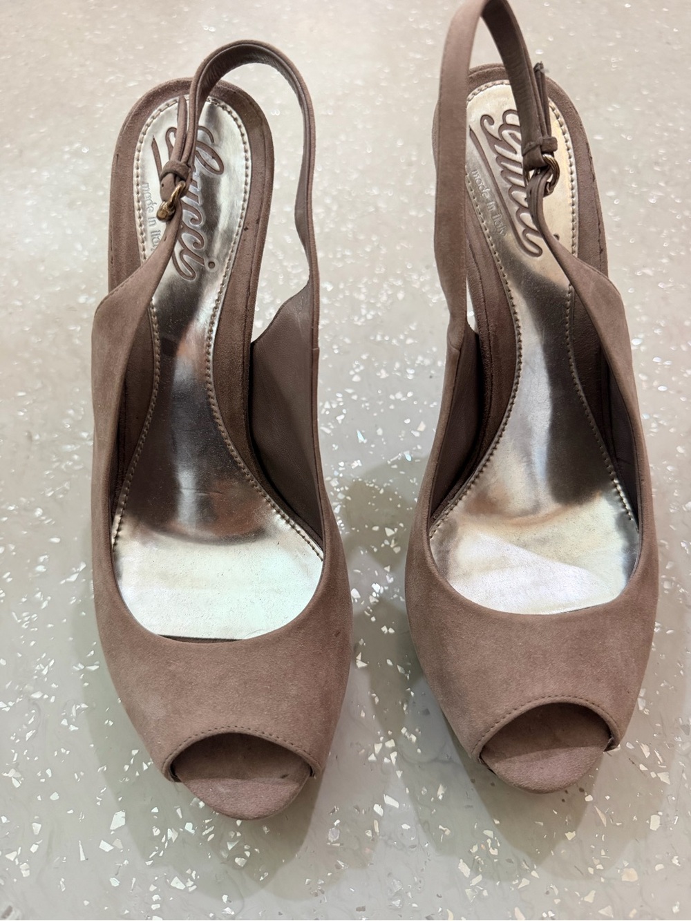 Gucci Taupe Suede Peep-Toe Slingback Heels